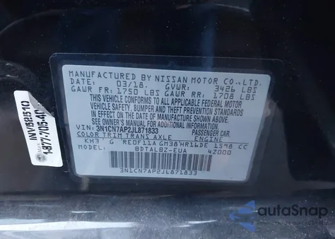 2018 Nissan Versa 1.6 Sv из США, поврежденный, VIN 3N1CN7AP2JL871833